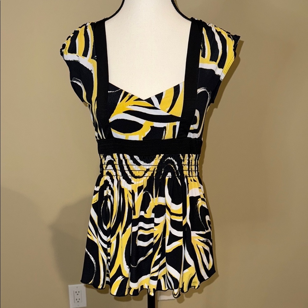 XOXO Blouse Black Yellow Crossover Bodice Top Tie Back Elastic Waist Women’s SzM